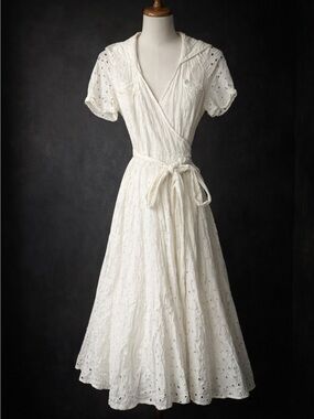 Diane Von Furstenberg DVF White Eyelet Cotton Wrap Midi Dress Milkmaid boho 6